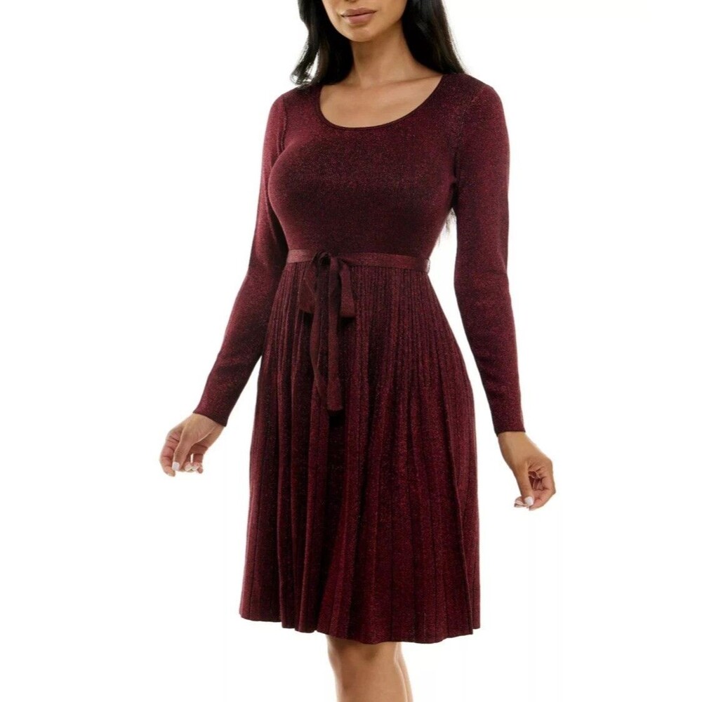 Nina Leonard Size Small Burgundy Pleated Metallic Knit Holiday Dress - NWT